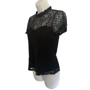 Cable And Gauge Women’s Top Size S Black Lace Overlay Mock Neck Whimsigoth Fairy